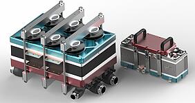 PEM-Brennstoffzellen-Stack mit 1.300 Quadratzentimetern Aktivfläche: Abgebildet ist der 1.300 Quadratzentimeter-Stack als Kurz-Stapel mit 15 Zellen im Größenvergleich zum Generischen Stack mit 100 Zellen.