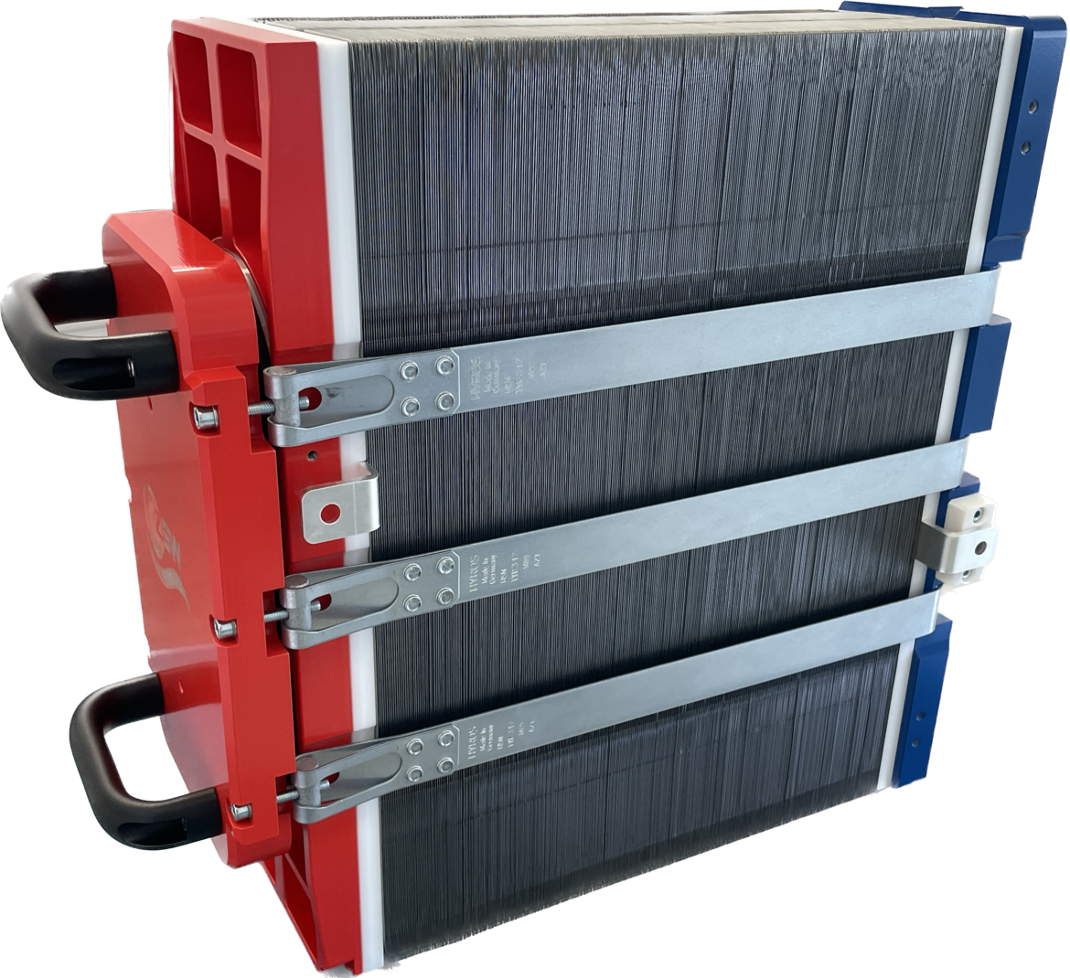 Generic fuel cell stack with 100 kW output, containing 332 individual cells with metal bipolar plates.